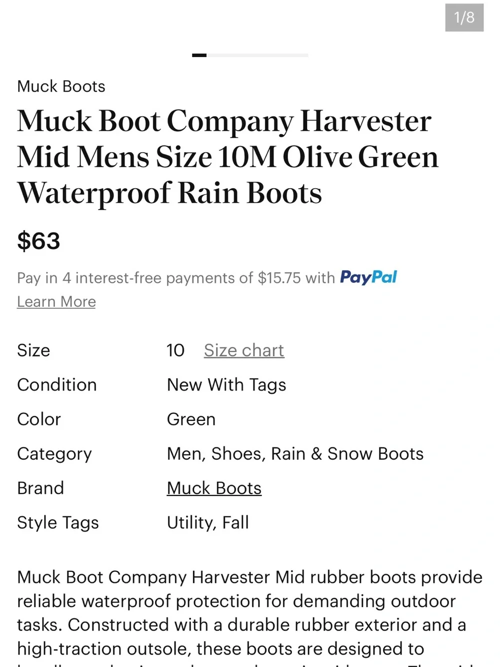 NIB The MUCK Boot Co Men’s Olive Green Harvester 12” Rubber Boot - Size 14